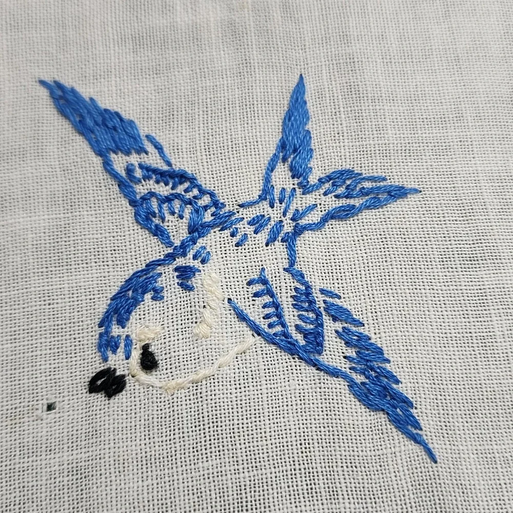 Antique Hand Embroidered Table Runner Bluebird Floral Crochet Lace Trim 36x11